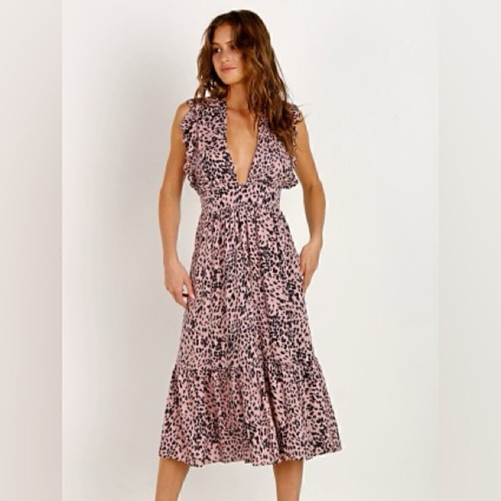 Stillwater Jessie Plunge V Neck Ruffle Midi Dress in Pebbles Pink Sz XS